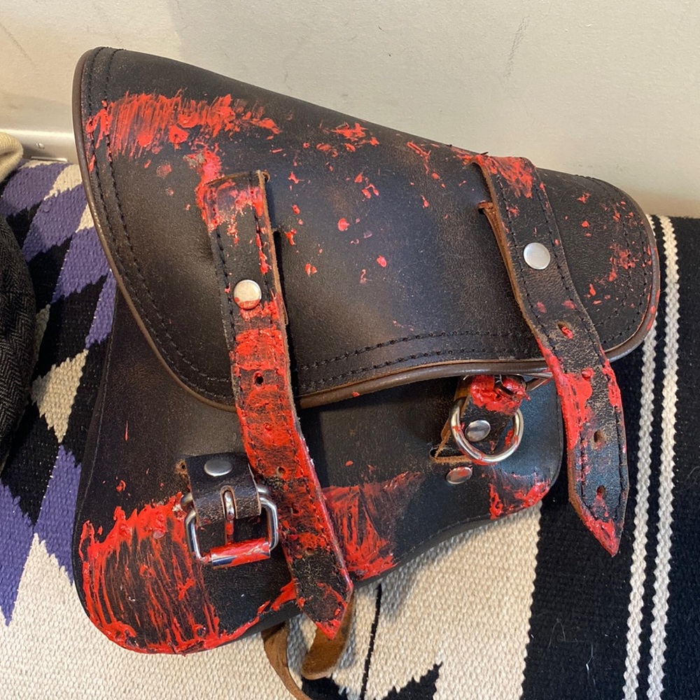 la rosa solo motorcycle bag, made in usa, genuine brown leather red paint